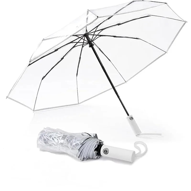 Automatic Transparent Folding Umbrella — Windproof 3-Fold Clear Canopy
