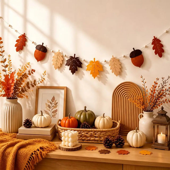 Autumn Harvest Wooden Garland — Fall Wall Decor for Mantel & Shelves