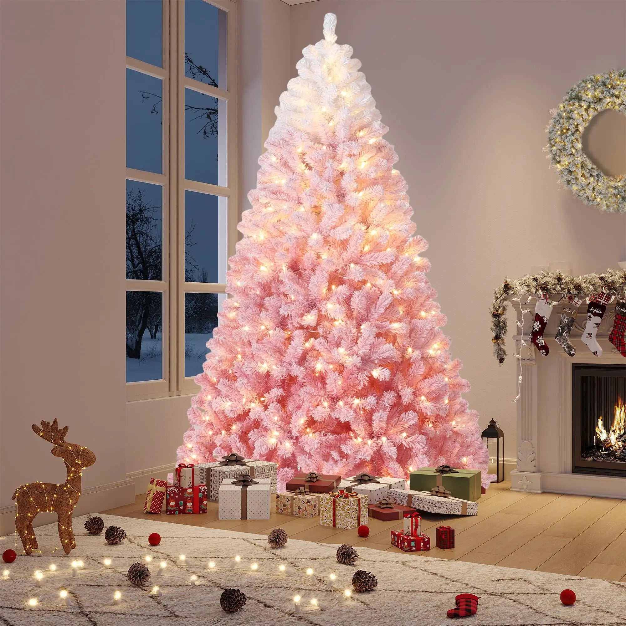 Pink Ombre Snow-Flocked Artificial Christmas Tree — Pre-Lit LED Holiday Decor
