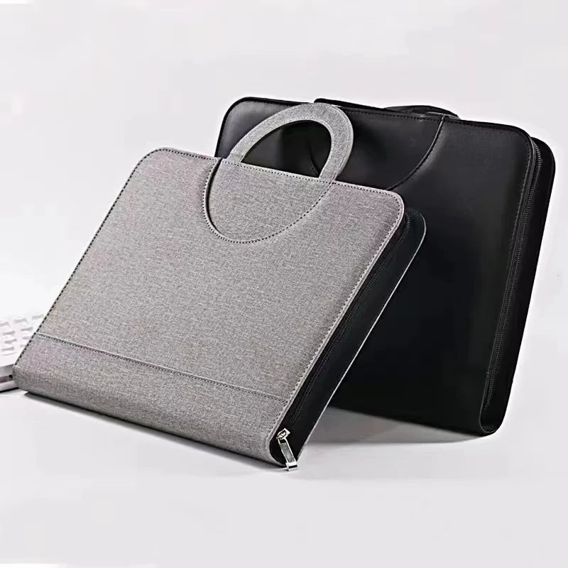 PU Leather A4 Conference File Pad — Professional Zippered Binder & Briefcase