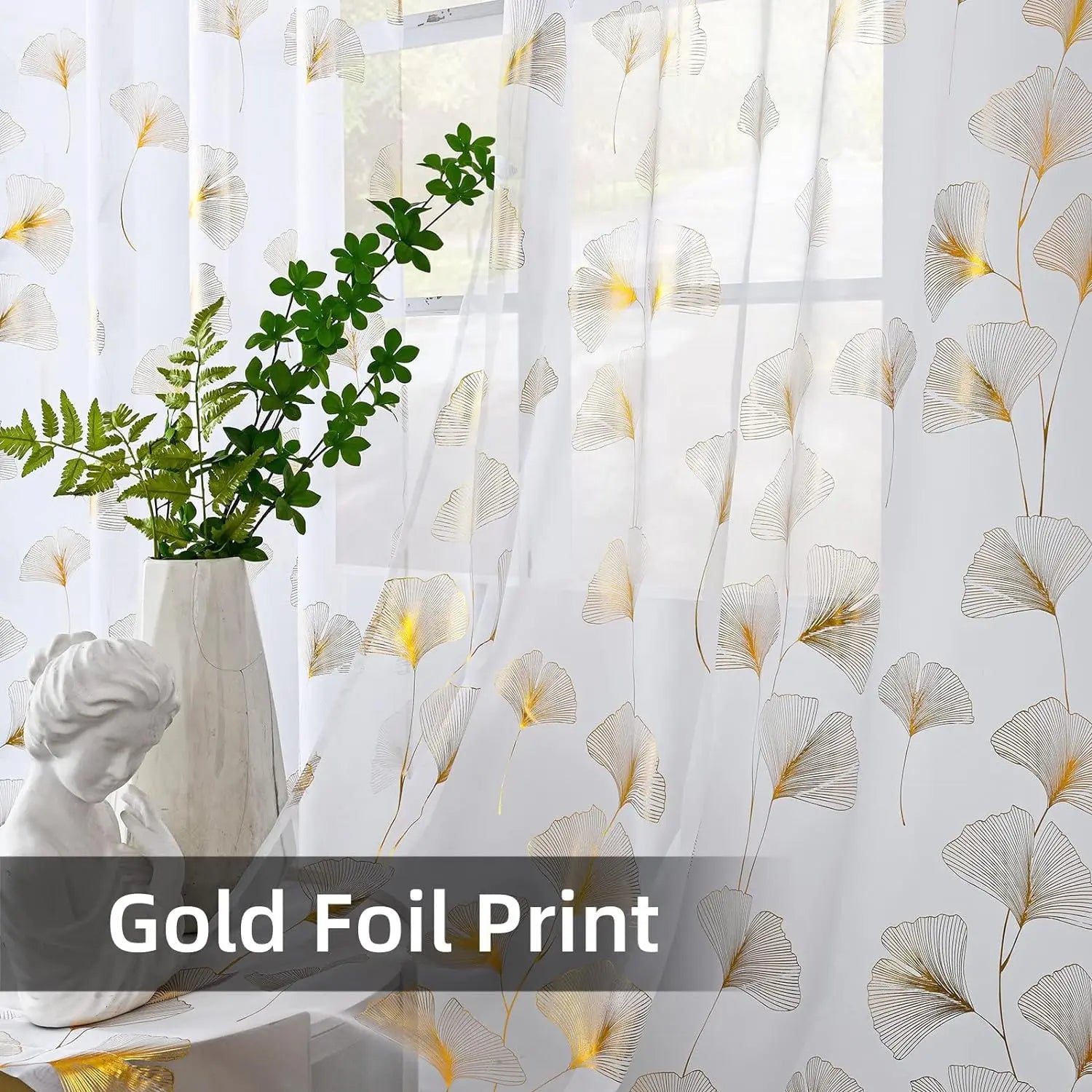 Gold Foil Leaf Print Sheer Voile Curtains — Luxury Metallic Window Drapes