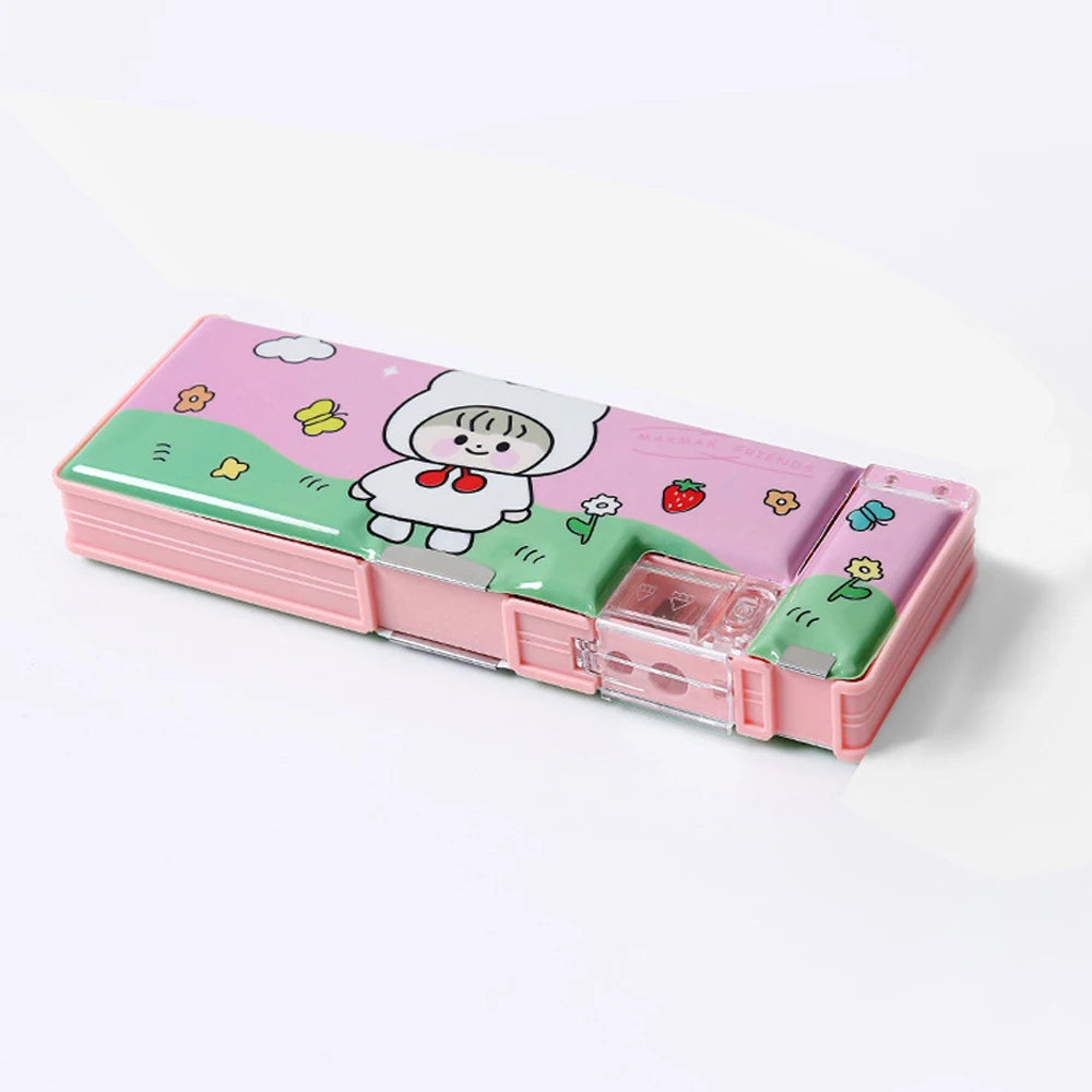 Cartoon Stationery Storage Box — Plastic Pencil Case with Built-in Sharpener