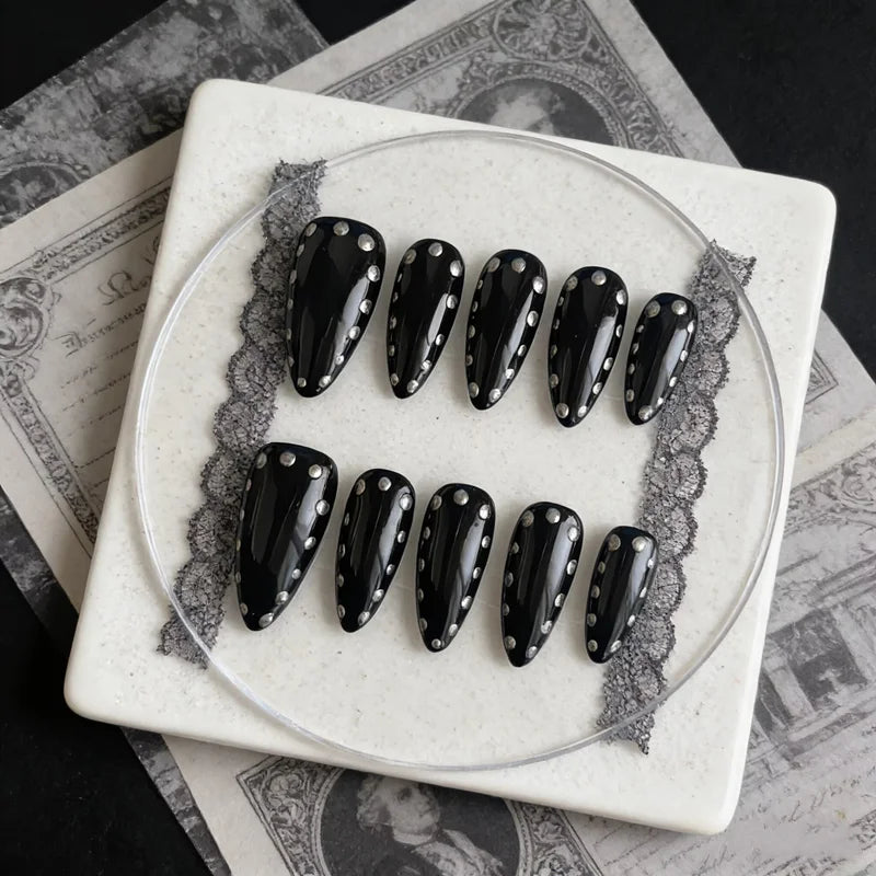 Handmade Black Gothic Press On Nails — Luxury Rock-Chic Almond Manicure