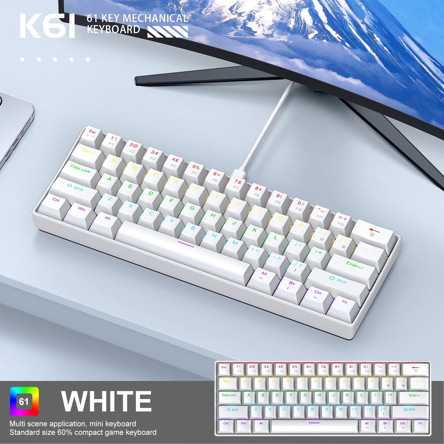 APAYADO K61 Compact Mechanical Keyboard — RGB Lighting & Wired USB-C Connection
