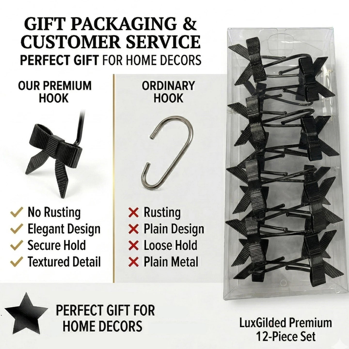 Vintage Farmhouse Shower Curtain Hooks — Set of 12 Rustic Metal Hooks