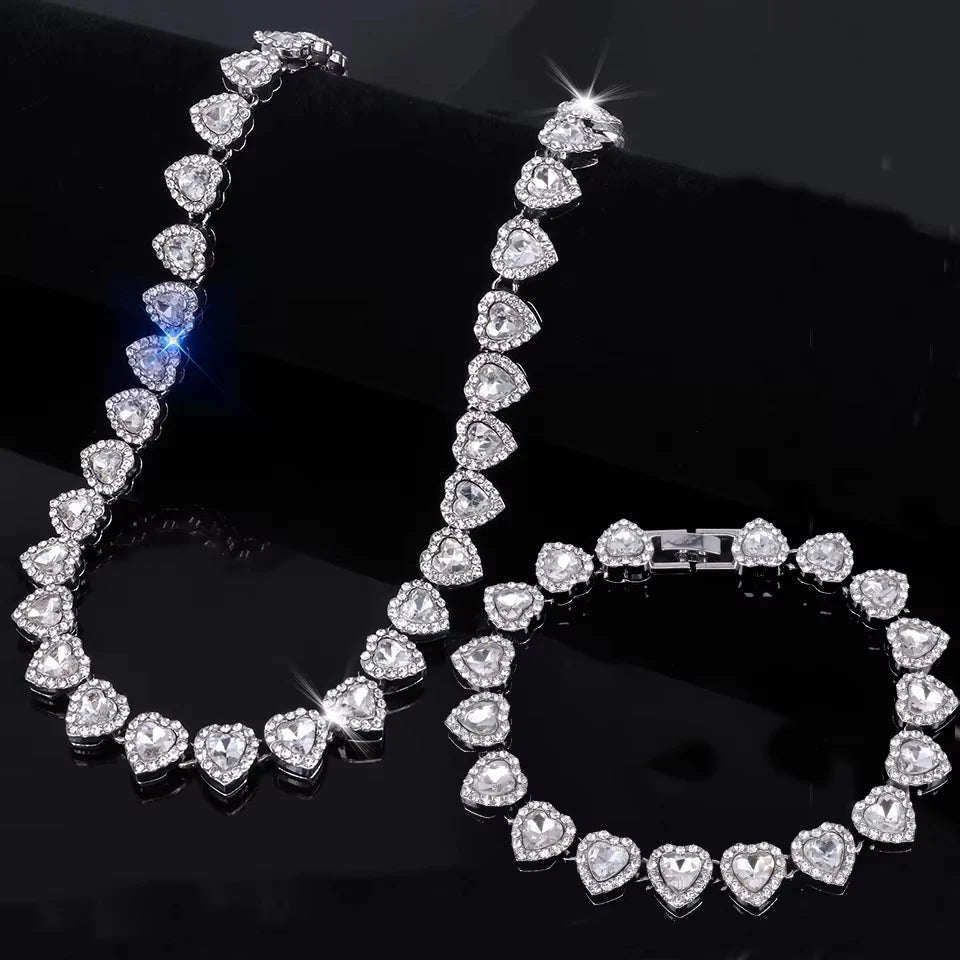 Hip Hop Rhinestone Heart Jewelry Set — Tennis Chain Necklace and Bracelet