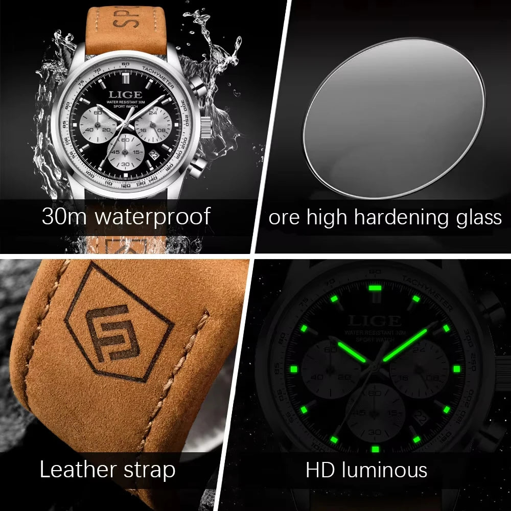 LIGE Men's Business Quartz Watch — Genuine Leather Chronograph Wristwatch