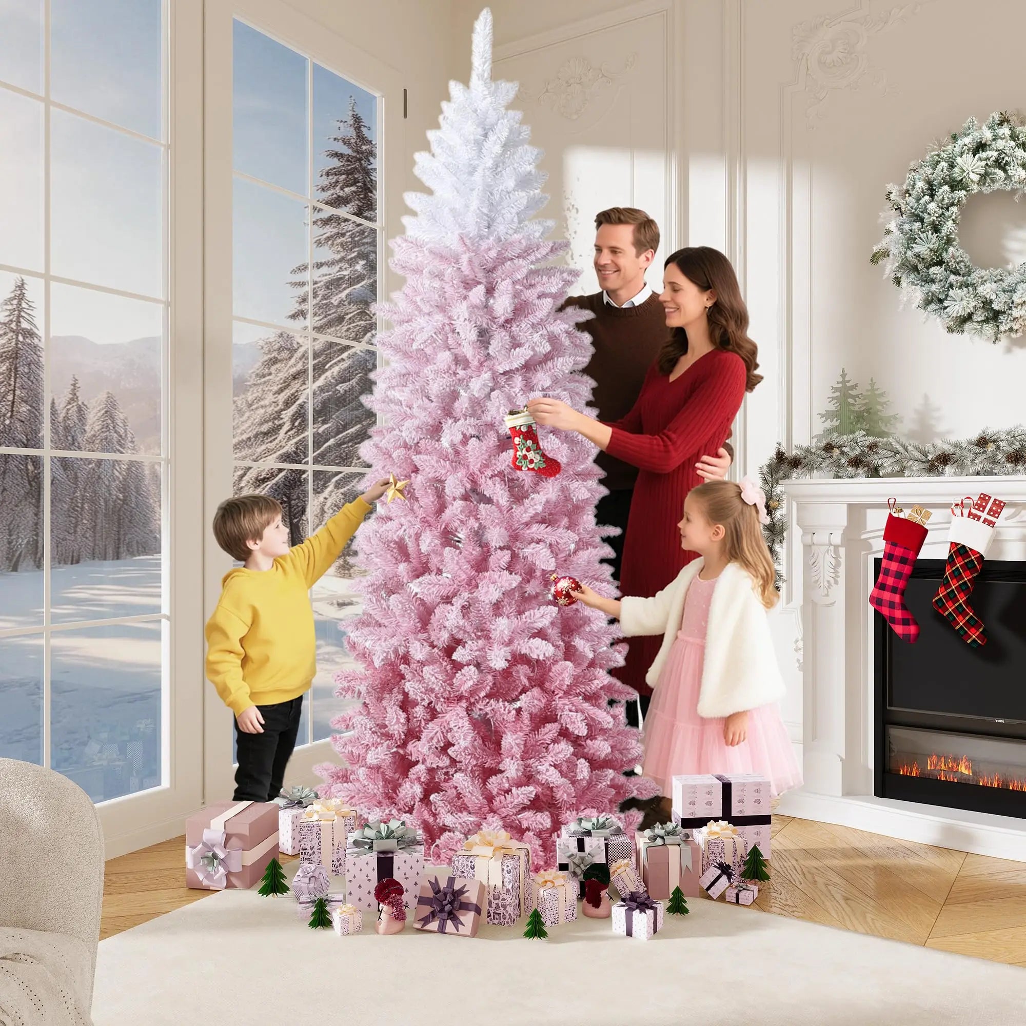 GAOMON 6ft Slim Pencil Christmas Tree — Pink and White Gradient Ombre Decor