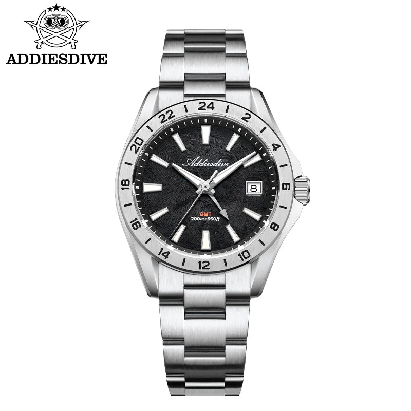 ADDIESDIVE Luxury GMT Watch — Dual Time Zone 38mm Stainless Steel
