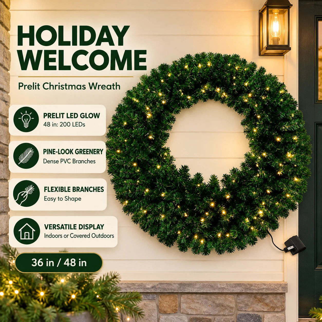 Artificial Pine Christmas Wreath — Prelit LED Greenery for Holiday Decor