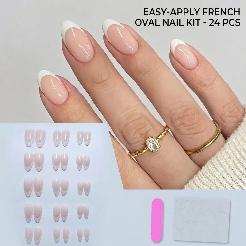 French Tip Press On Nails — Almond Shaped Full Cover Fake Nails