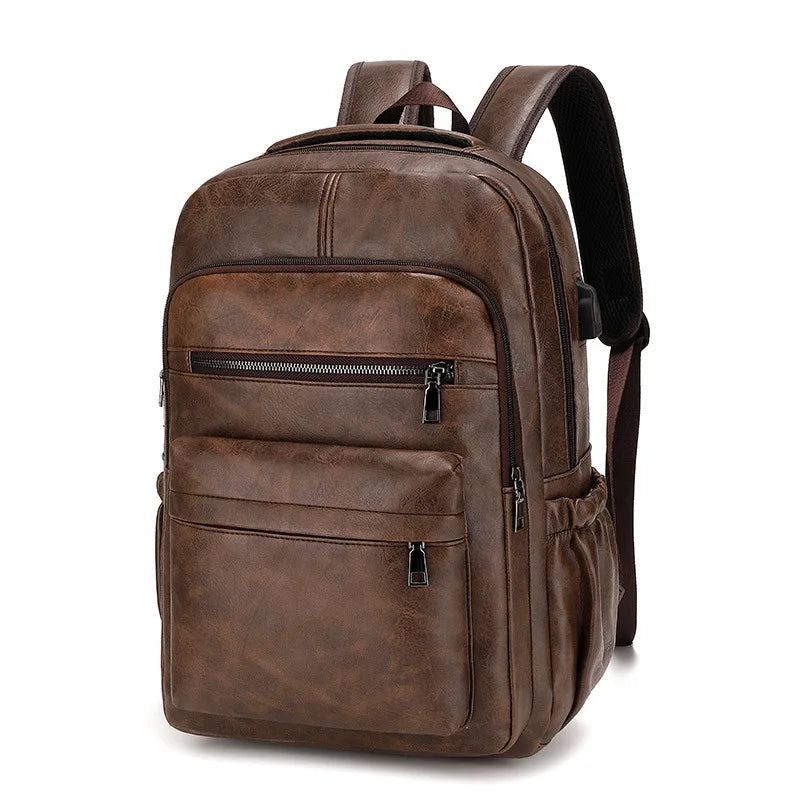 Men's PU Leather Laptop Backpack — Large Capacity Schoolbag with USB Charging