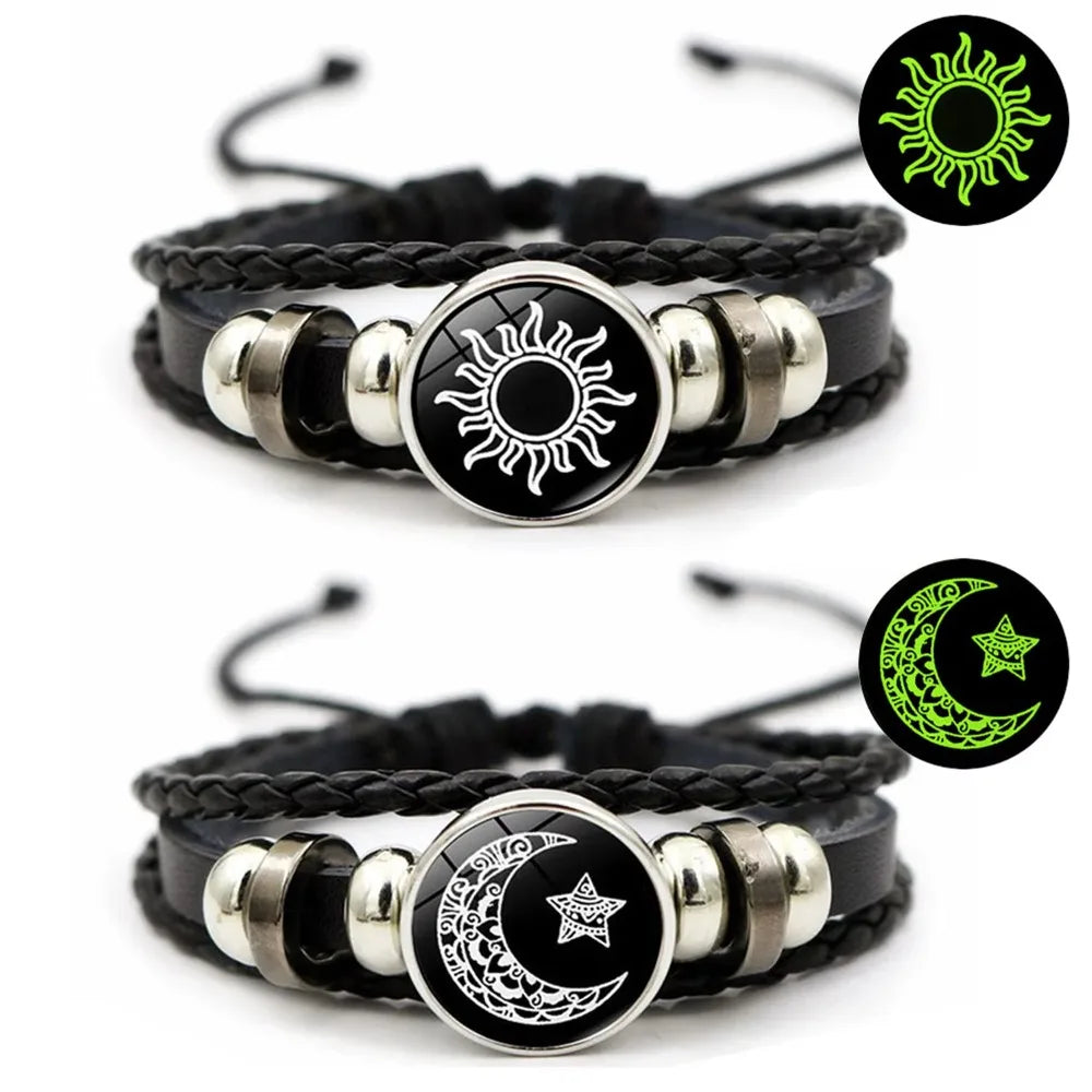 Sun and Moon Leather Bracelet Set — Matching Couple Jewelry with Glow Effect
