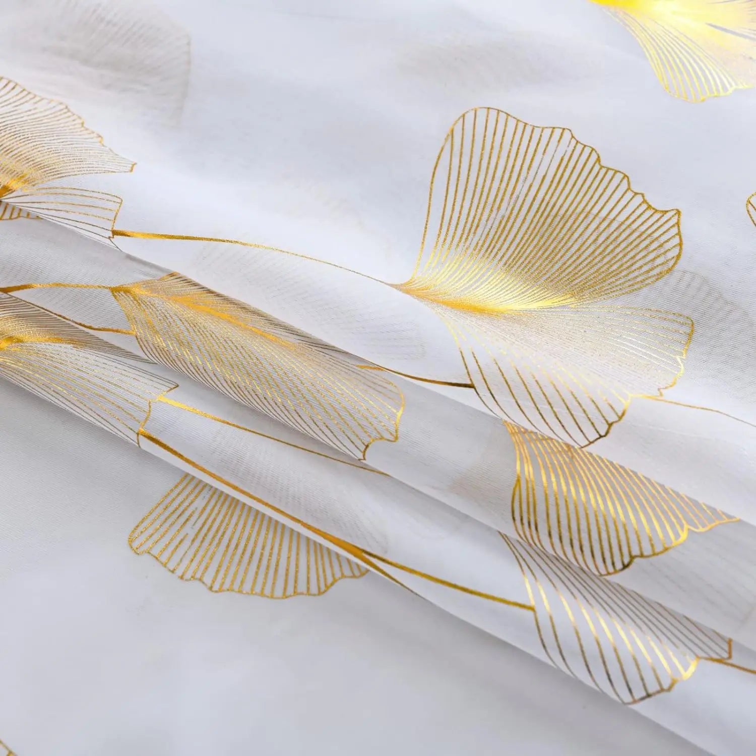 Gold Foil Leaf Print Sheer Voile Curtains — Luxury Metallic Window Drapes
