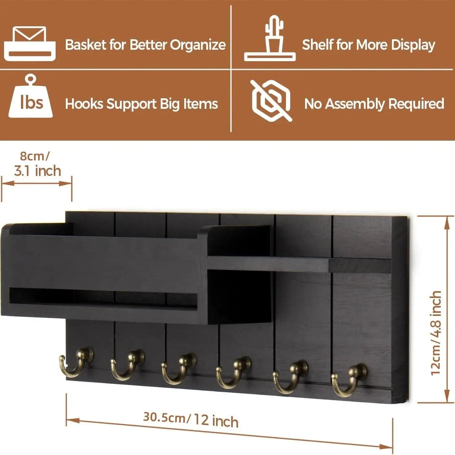 Wooden Wall Mounted Key Holder — Entryway Organizer with Shelf and 6 Hooks