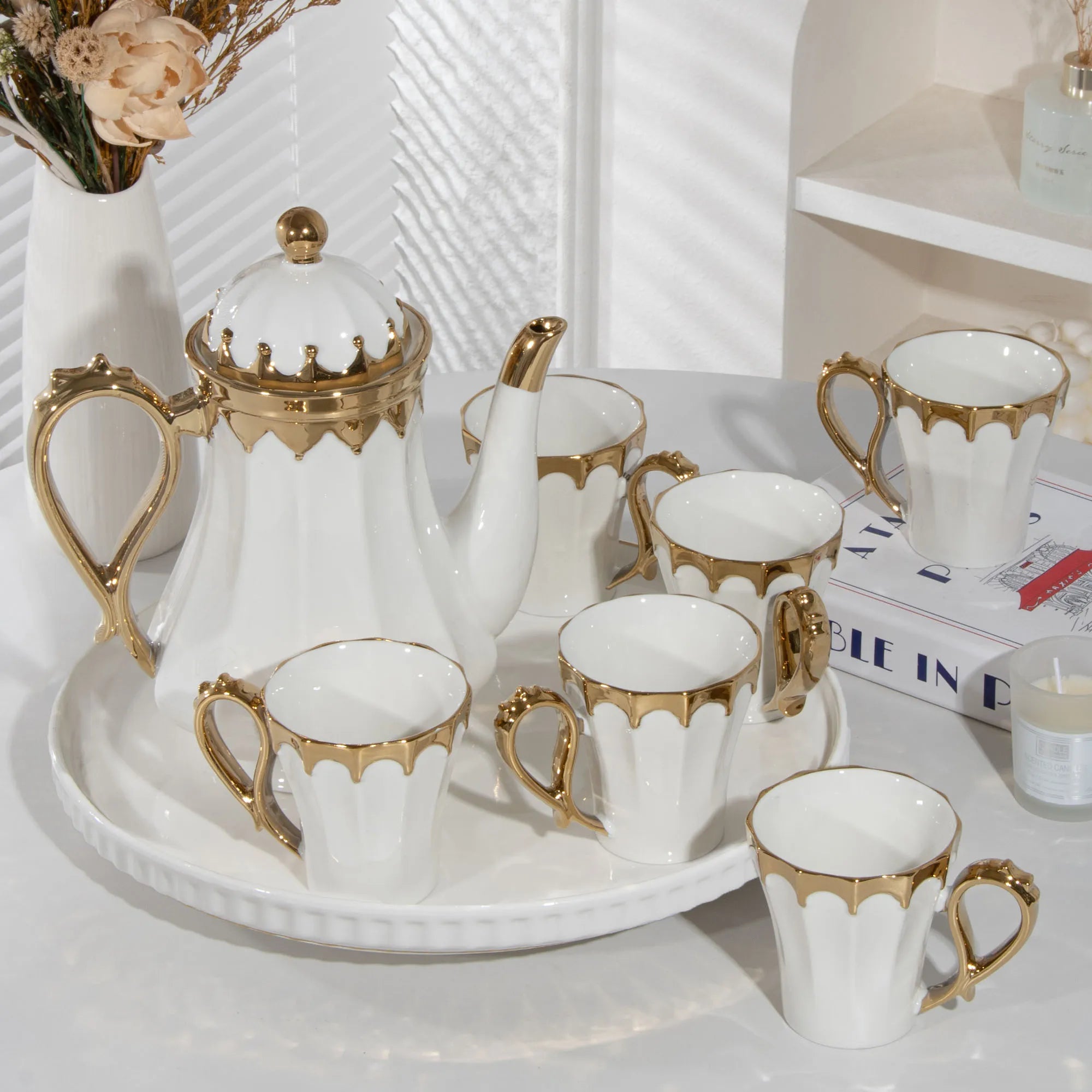 Luxury Porcelain Tea Set — Gilded Ceramic Teapot with 6 Cups and Tray