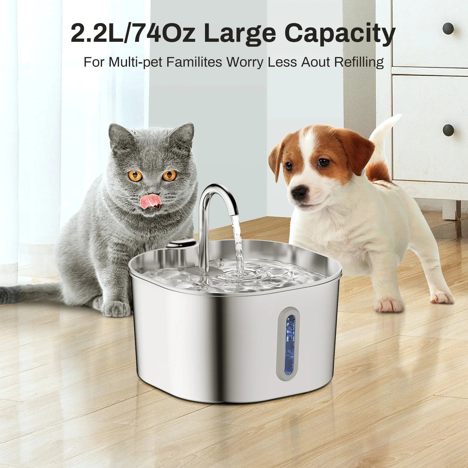 ZYfeeder Automatic Pet Water Fountain — 2.2L Stainless Steel Pet Feeder