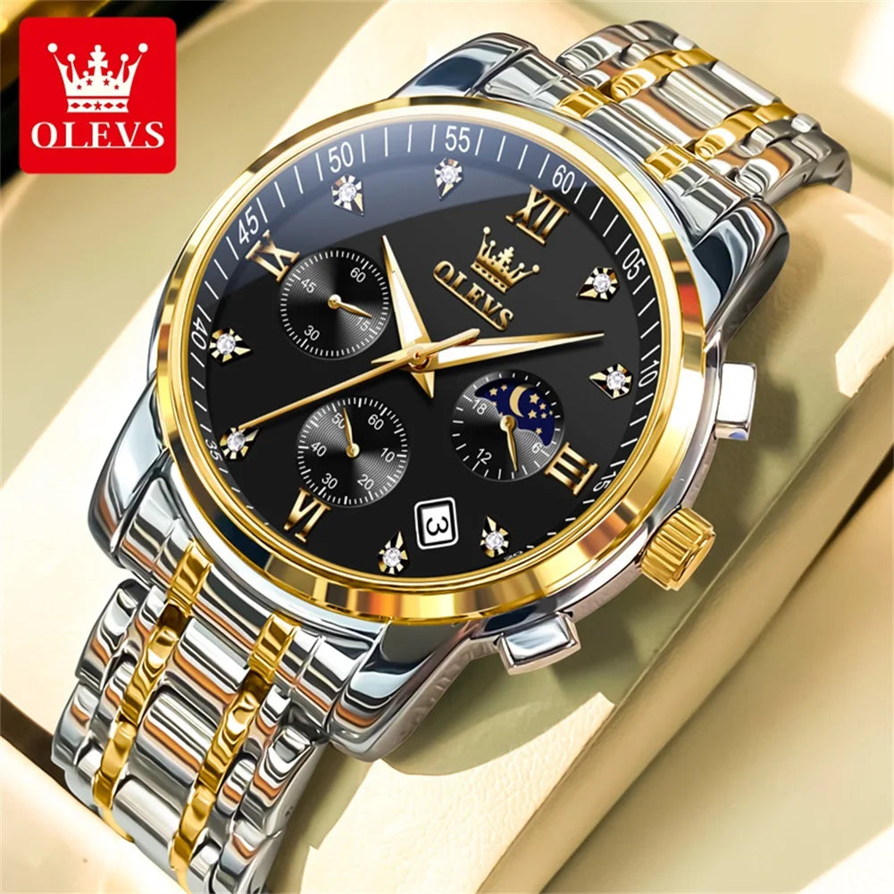 OLEVS 2858 Men's Luxury Watch — Stainless Steel Moon Phase Chronograph