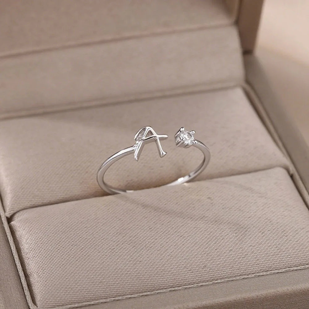 ICFTZWE Zircon Initial Letter Rings — Adjustable Stainless Steel Jewelry