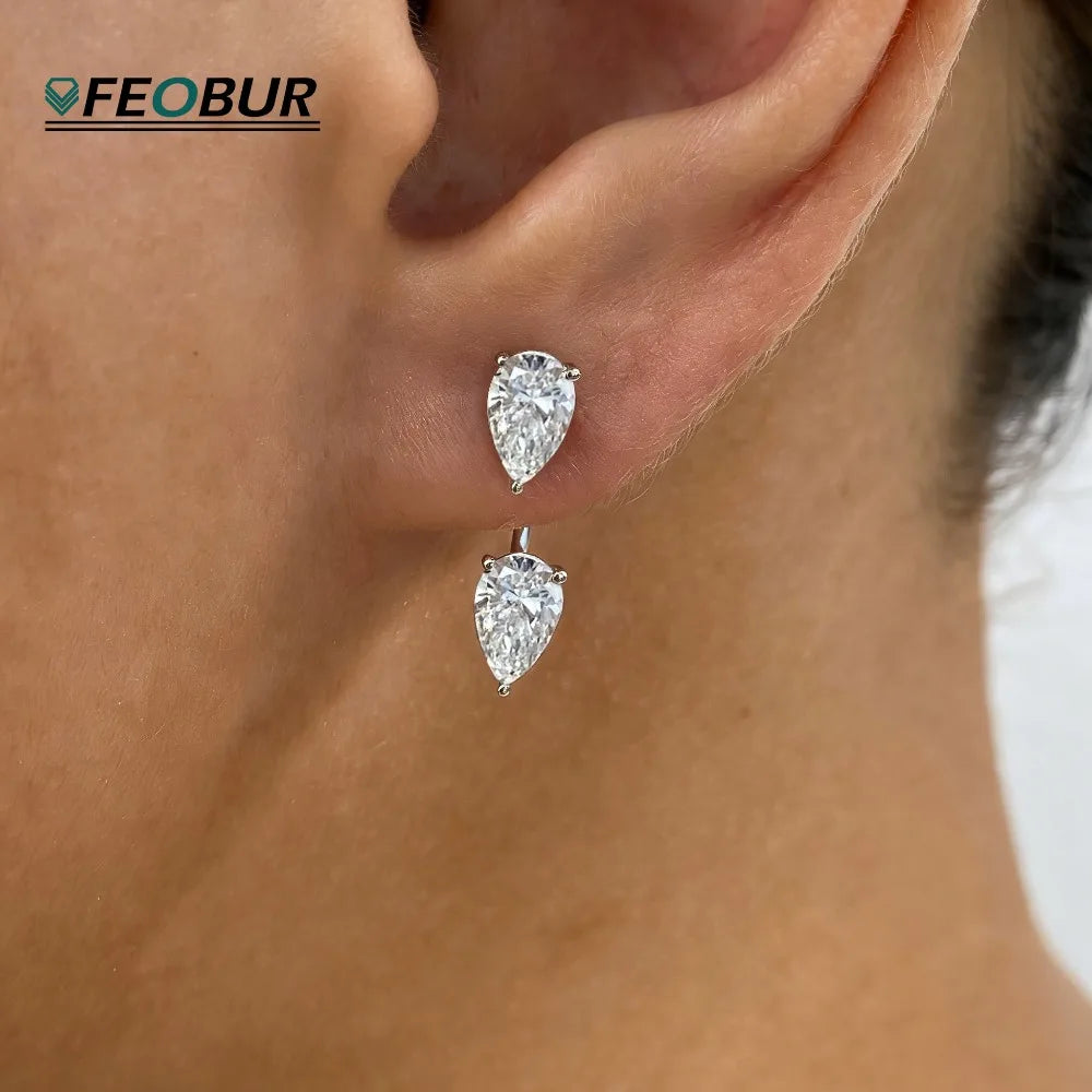 FEOBUR Moissanite Pear Cut Ear Jackets — 925 Sterling Silver Waterdrop Studs