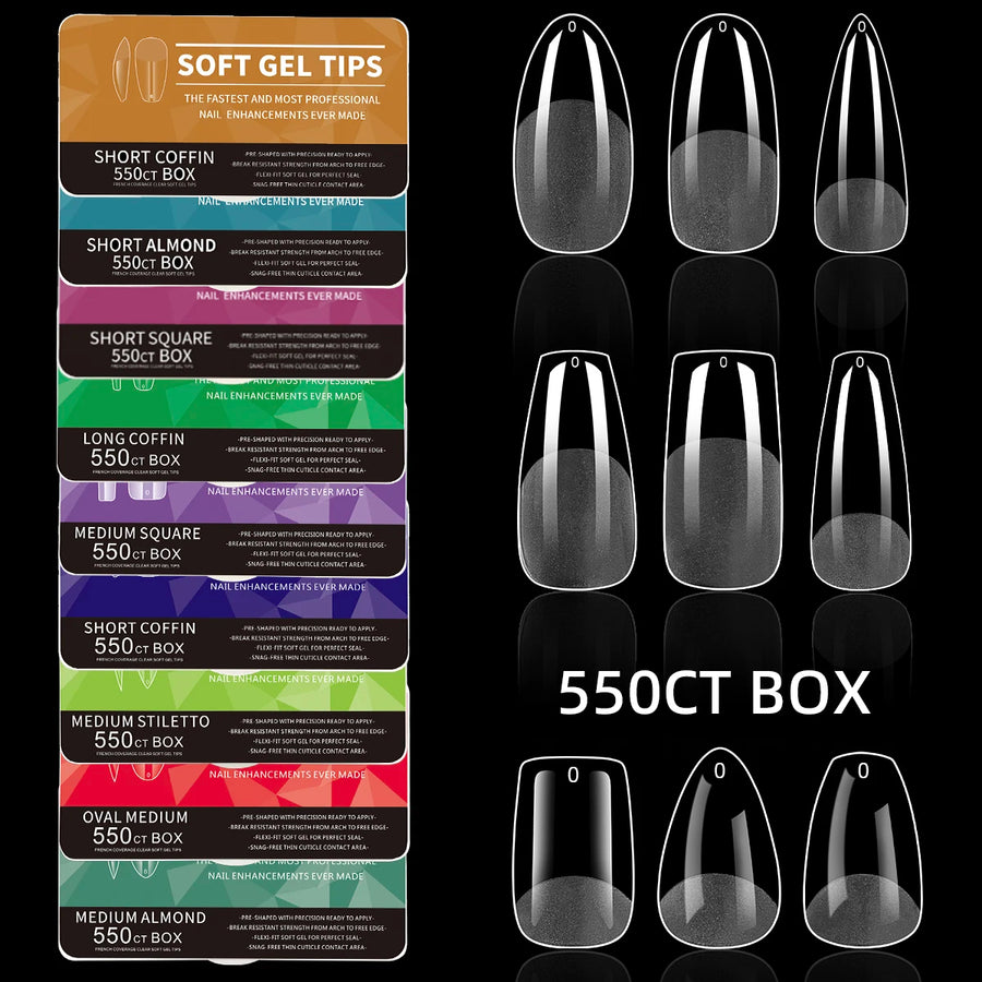 Soft Gel Nail Tips — Full Cover False Nail Extensions, 550 Pieces