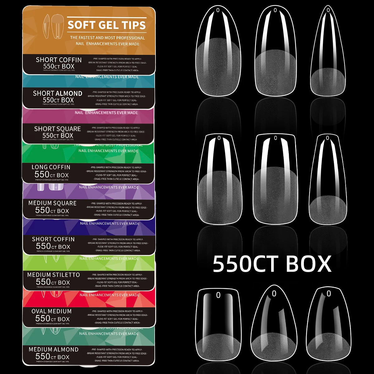 Soft Gel Nail Tips — Full Cover False Nail Extensions, 550 Pieces