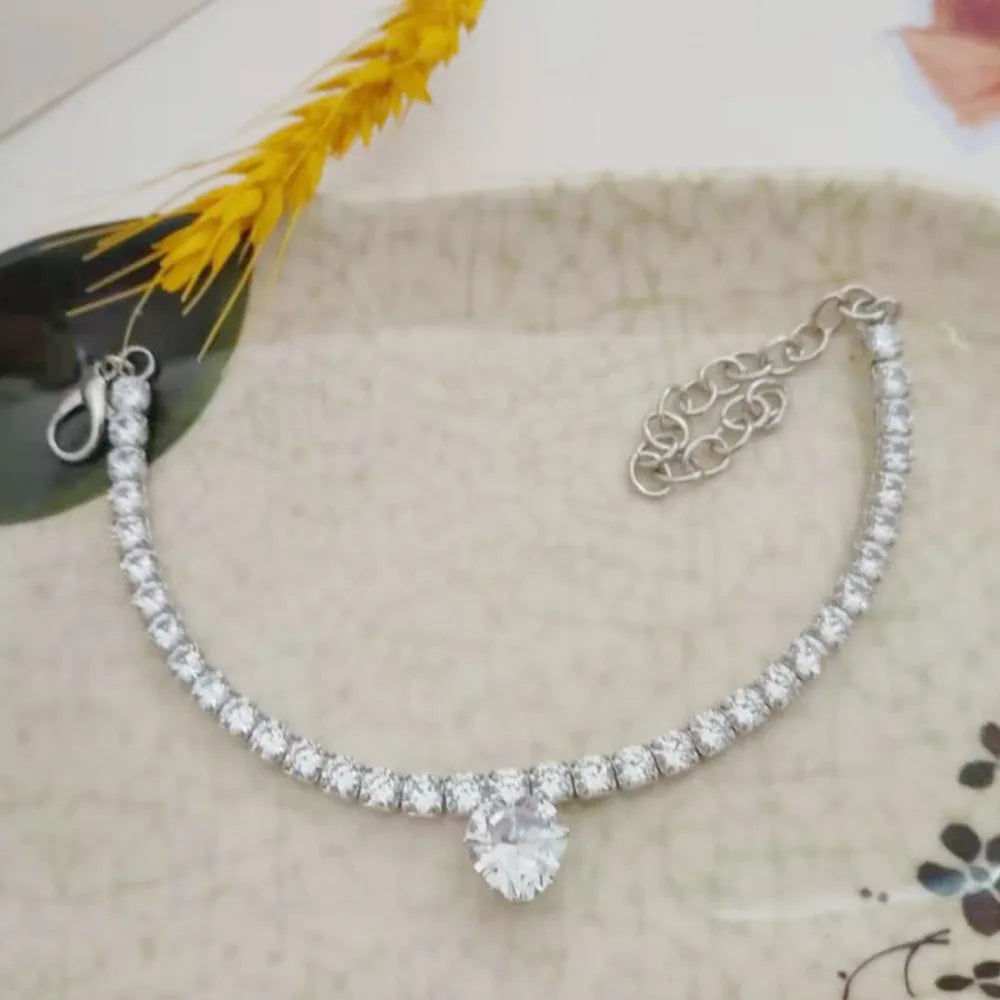 Sparkling Rhinestone Tennis Chain Cat Collar — Elegant Crystal Heart Pendant