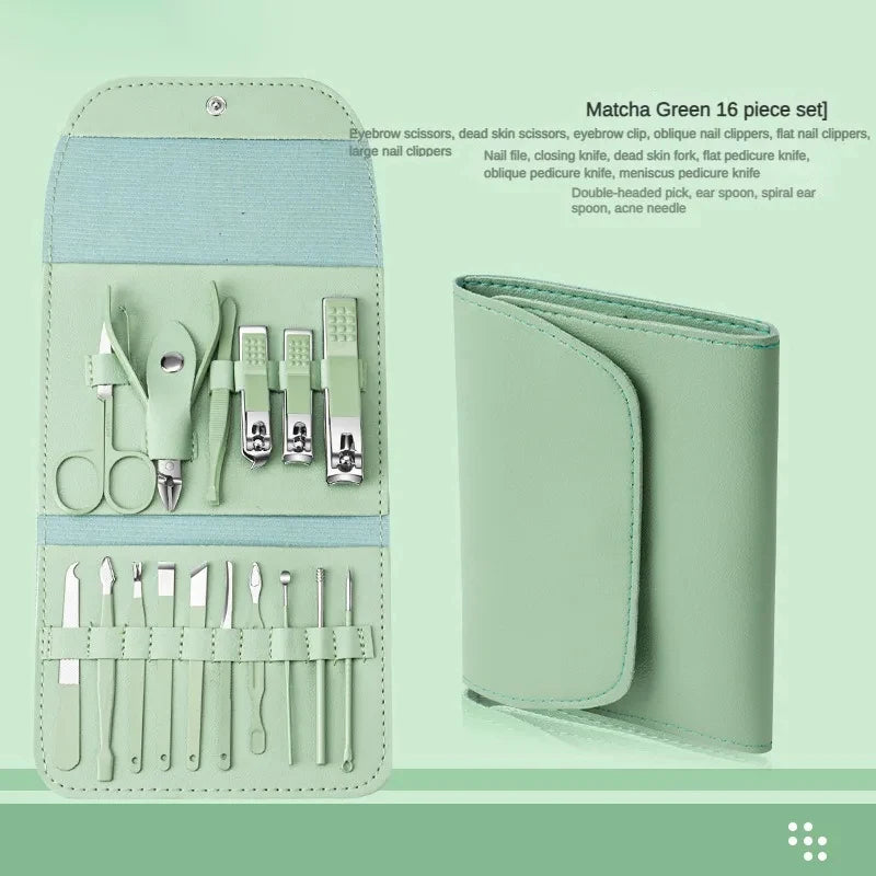 Professional 16-Piece Manicure Set — Stainless Steel Grooming Kit with Leather Case