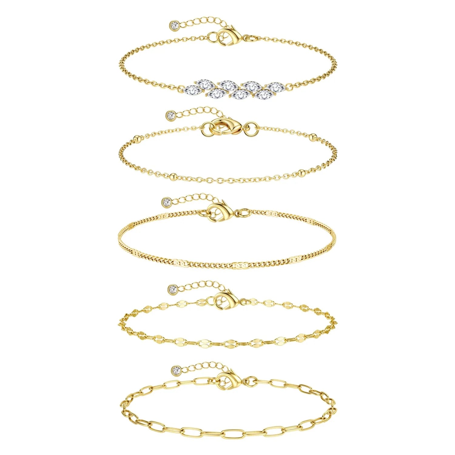 drperfect 5-Piece Gold Ankle Bracelet Set — Waterproof Cuban Link Anklets