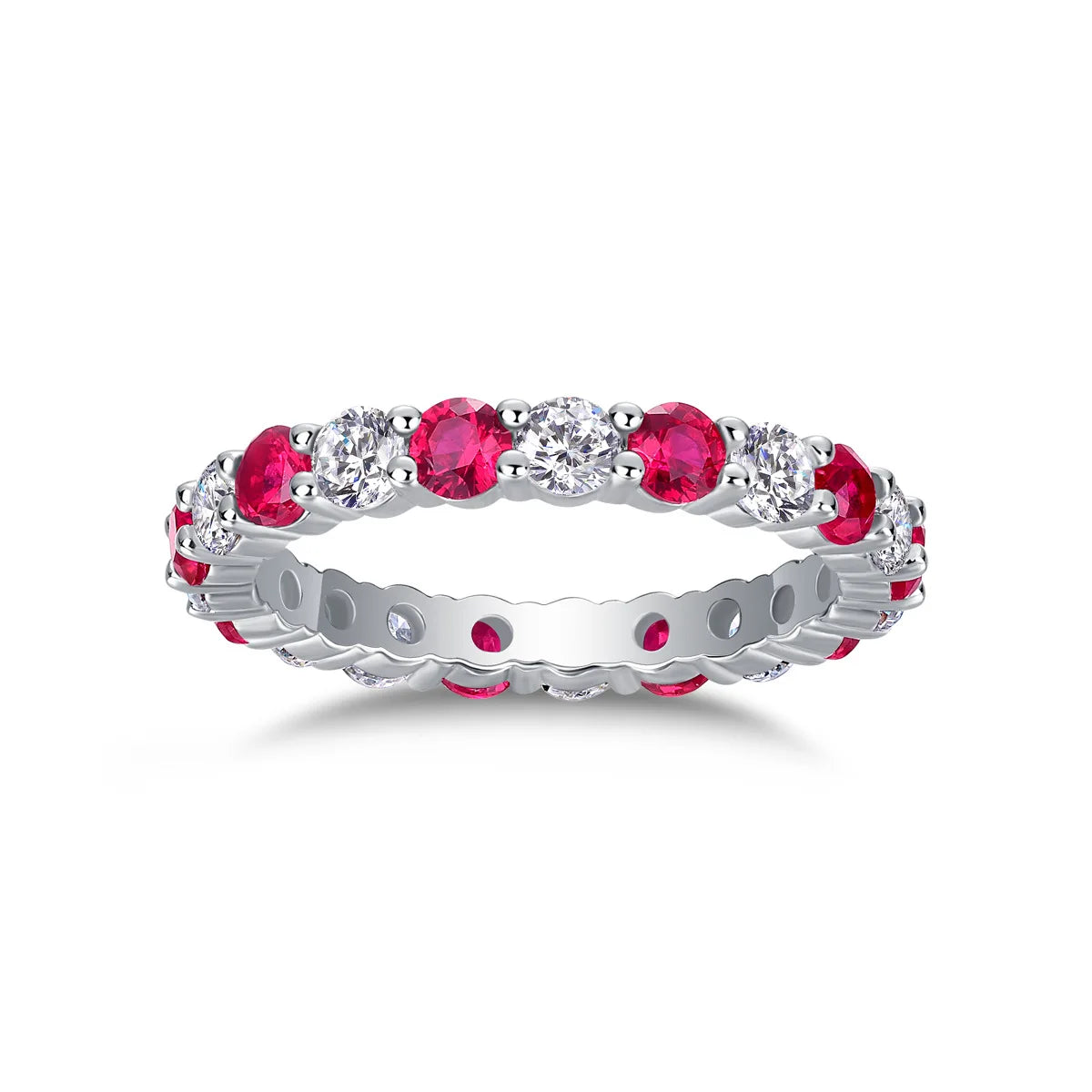 Moissanite and Lab Ruby Cocktail Ring — 925 Sterling Silver Pave Setting