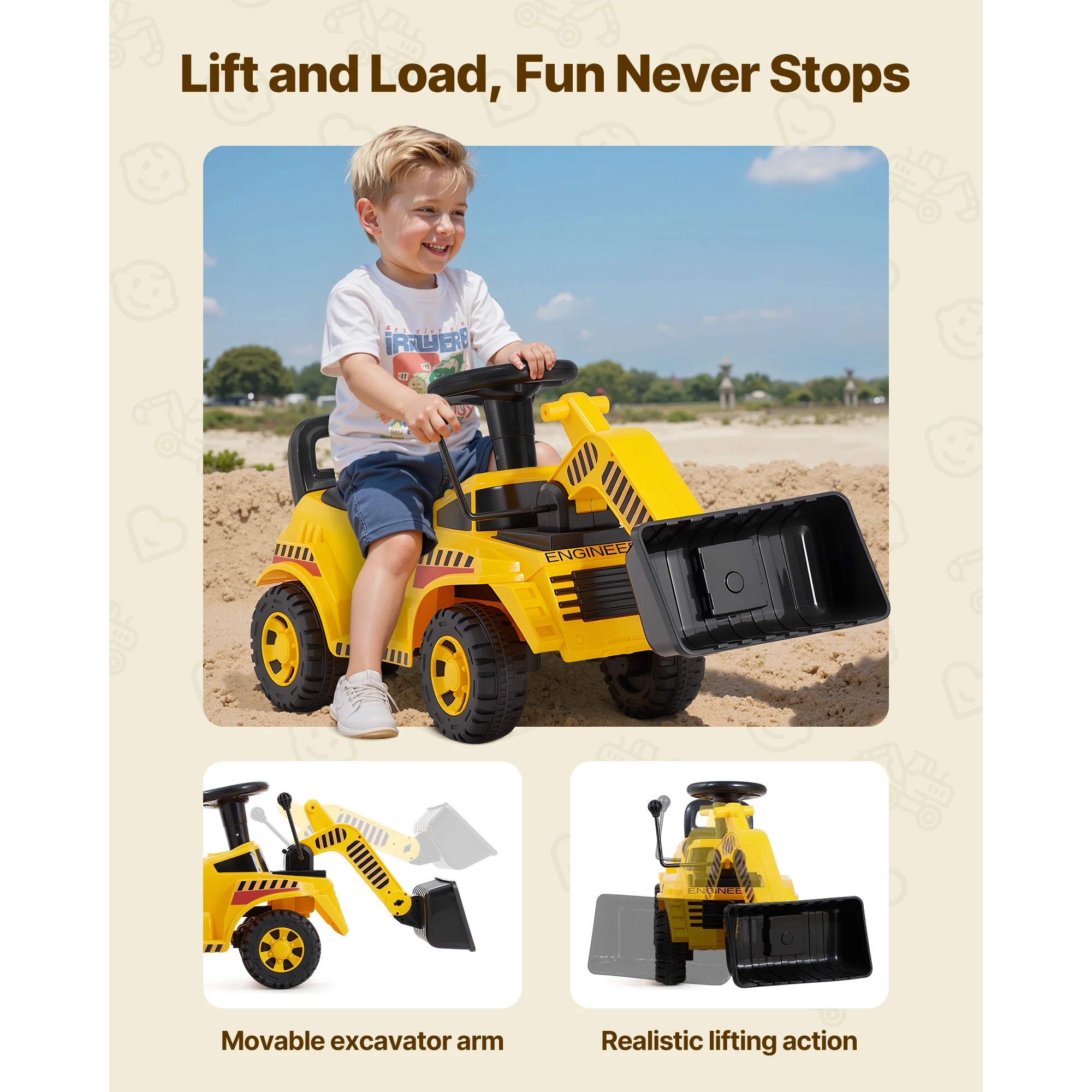 SucceBuy Ride On Excavator Car — Construction Toy with Under-Seat Storage