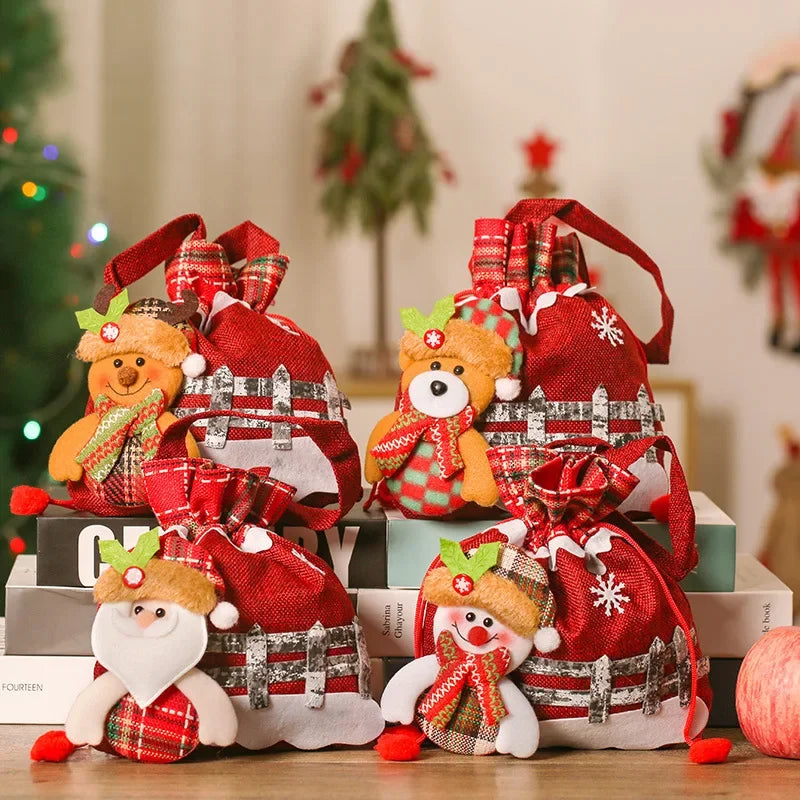 Christmas Drawstring Gift Bags — Reusable Fabric Pouch Set for Favors