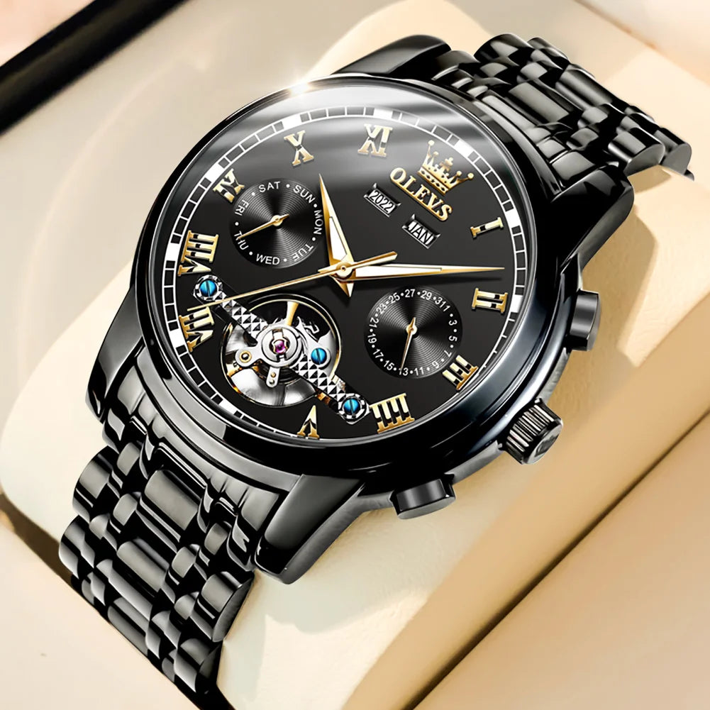OLEVS 6607 Automatic Mechanical Watch — Business Skeleton Design with Stainless Steel Strap