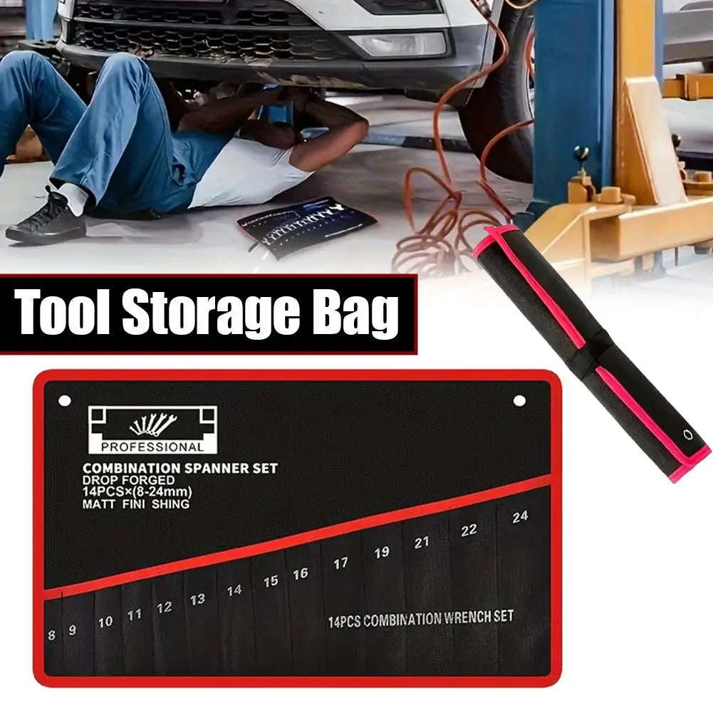 14-Pocket Tool Organizer Roll — Durable Wrench Storage Bag with Handle