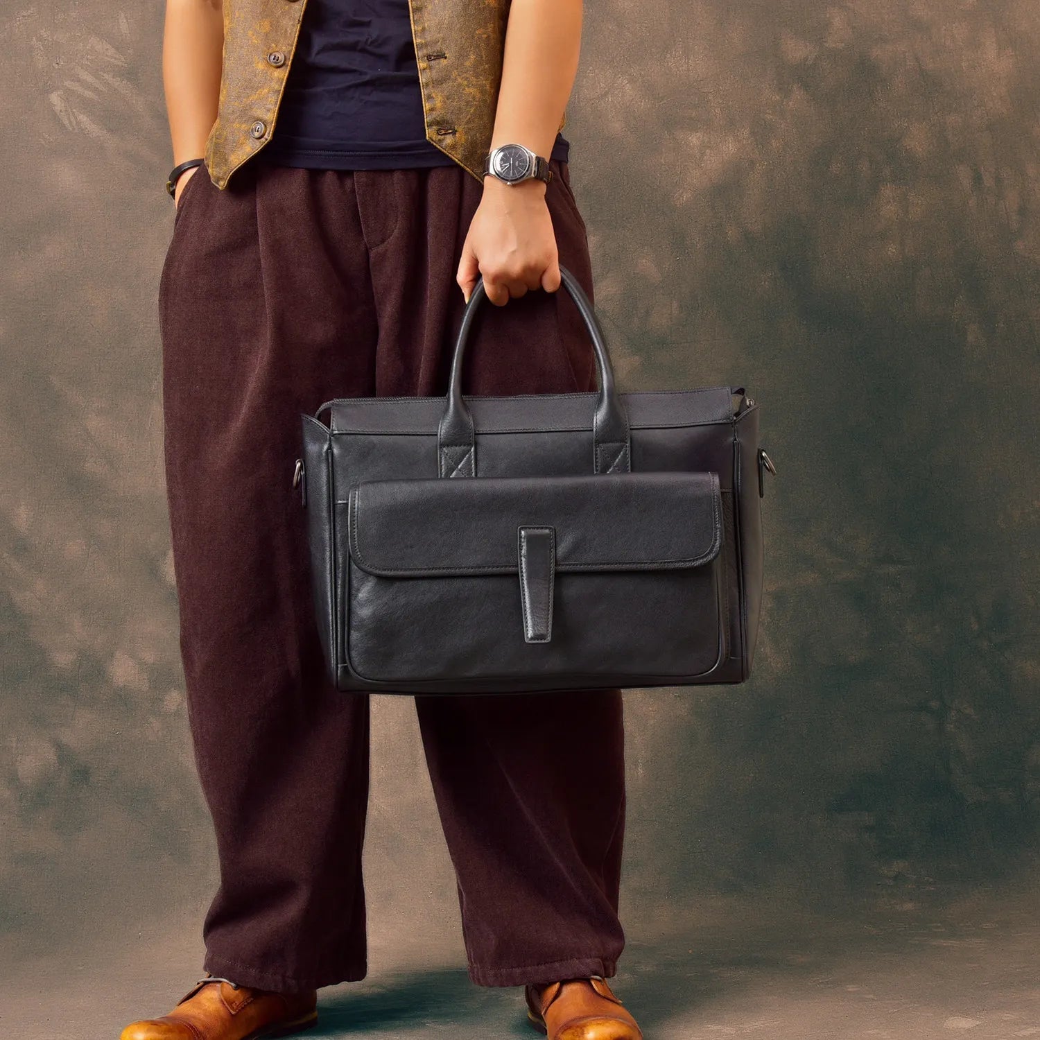 pndme Genuine Leather Men's Briefcase — Professional Laptop Messenger Bag