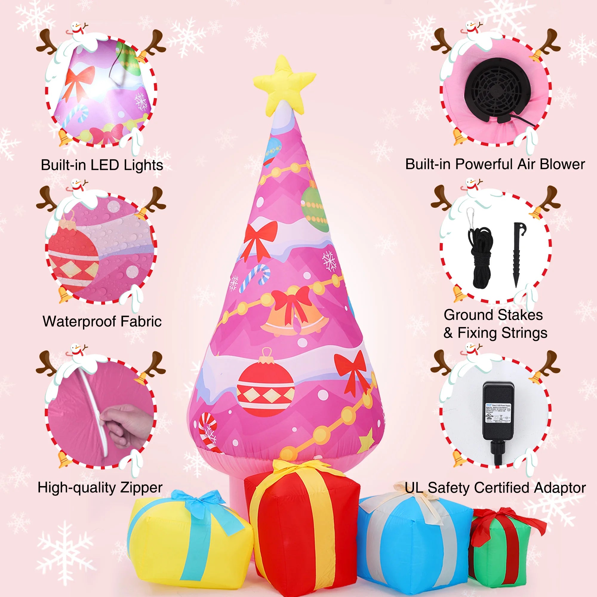 HiMISS 7.1ft Pink Inflatable Christmas Tree — Outdoor Holiday Decor with LED Lights