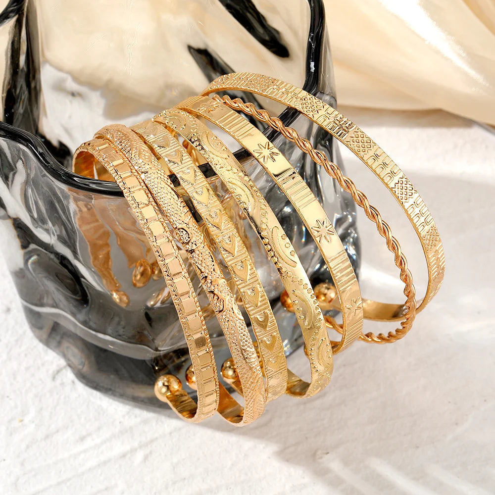 AY Punk Gold Heart Bracelet Set — 7 Piece Goth Style Cuff Bangles