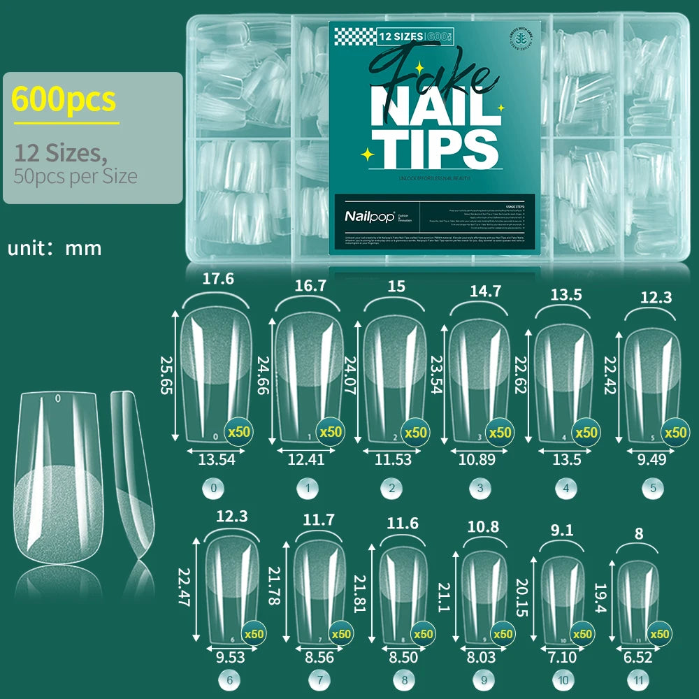 Nailpop Clear Acrylic False Nail Tips — Professional Full Cover Extensions