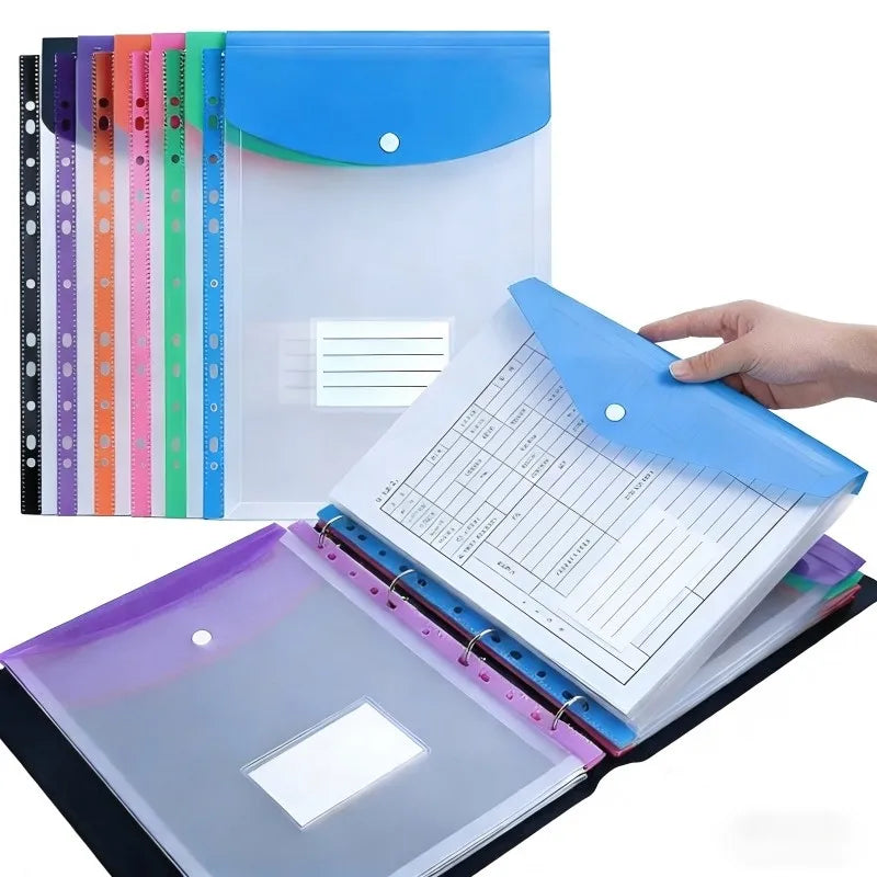 BUNKI A4 Plastic Envelopes — 11-Hole Expanding File Folders with Snap Buttons