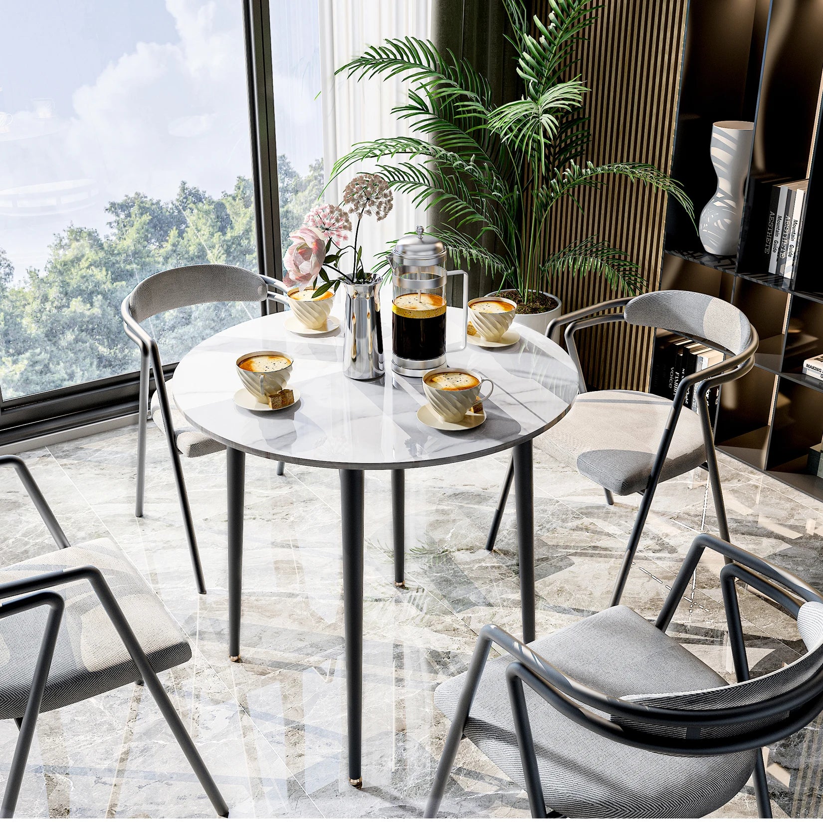 Round Sintered Stone Dining Table — Modern Marble Top with Metal Legs