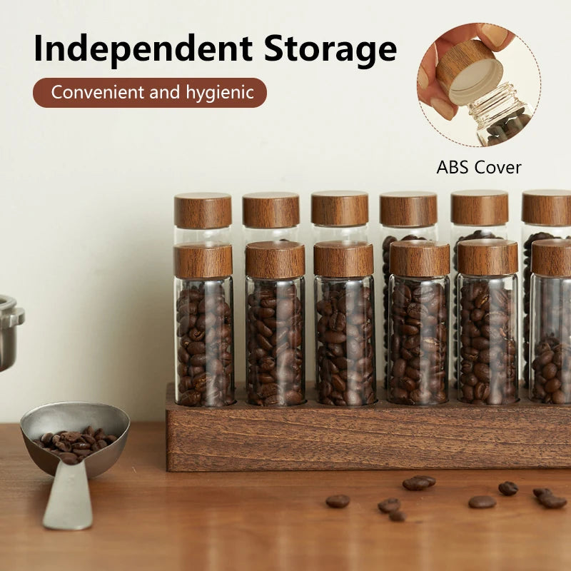ALIKISSCAFE Coffee Bean Storage Container — Walnut Display Rack & Glass Tubes