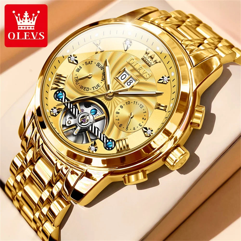 OLEVS Classic Men's Automatic Watch — Luxury Skeleton Tourbillon Design