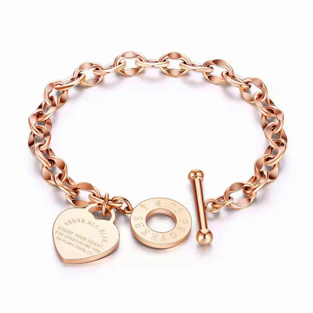 Stainless Steel Heart Pendant Bracelet — Unisex Link Chain Jewelry