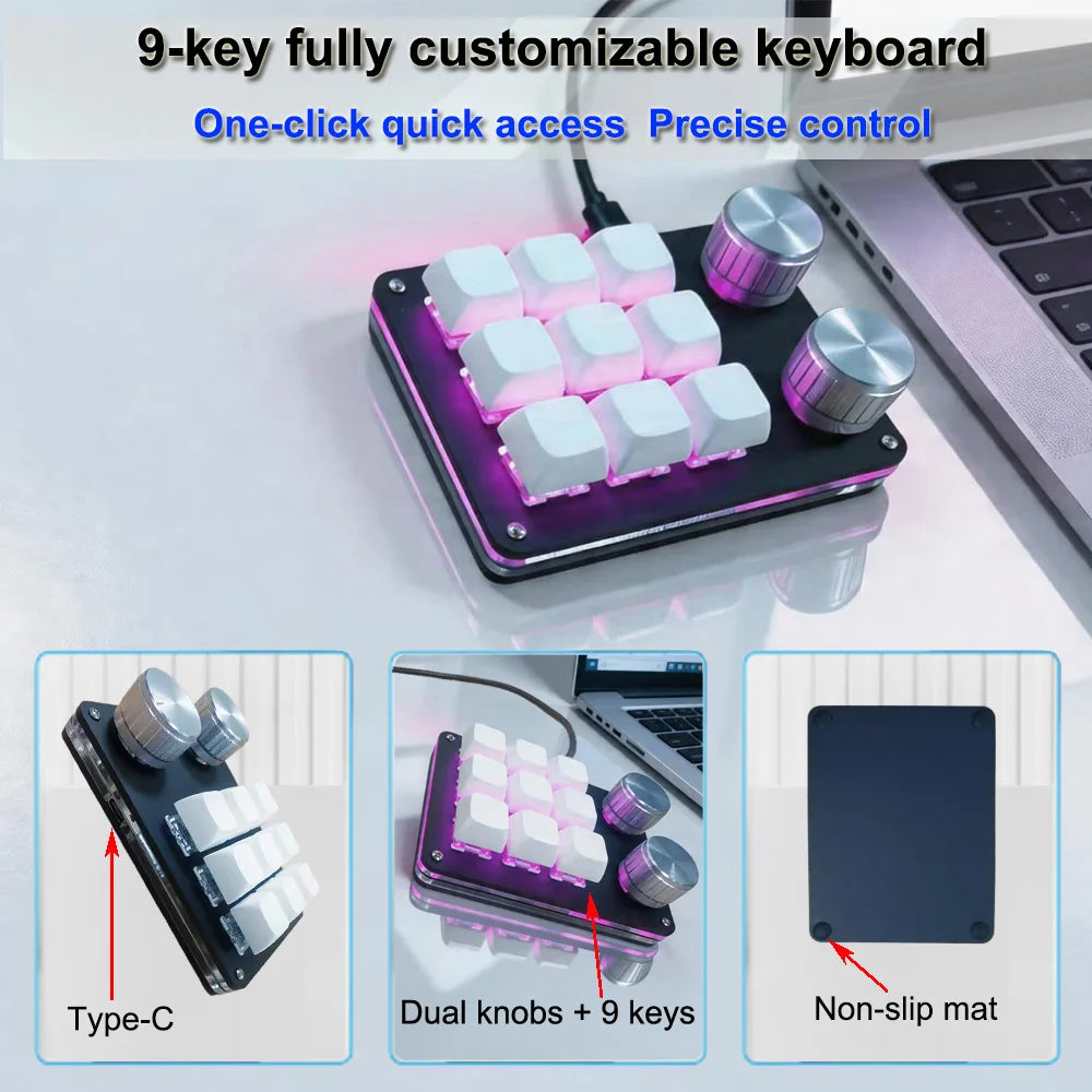 9-Key Multi-Functional Macro Keyboard — Customizable Mechanical Editing Tool