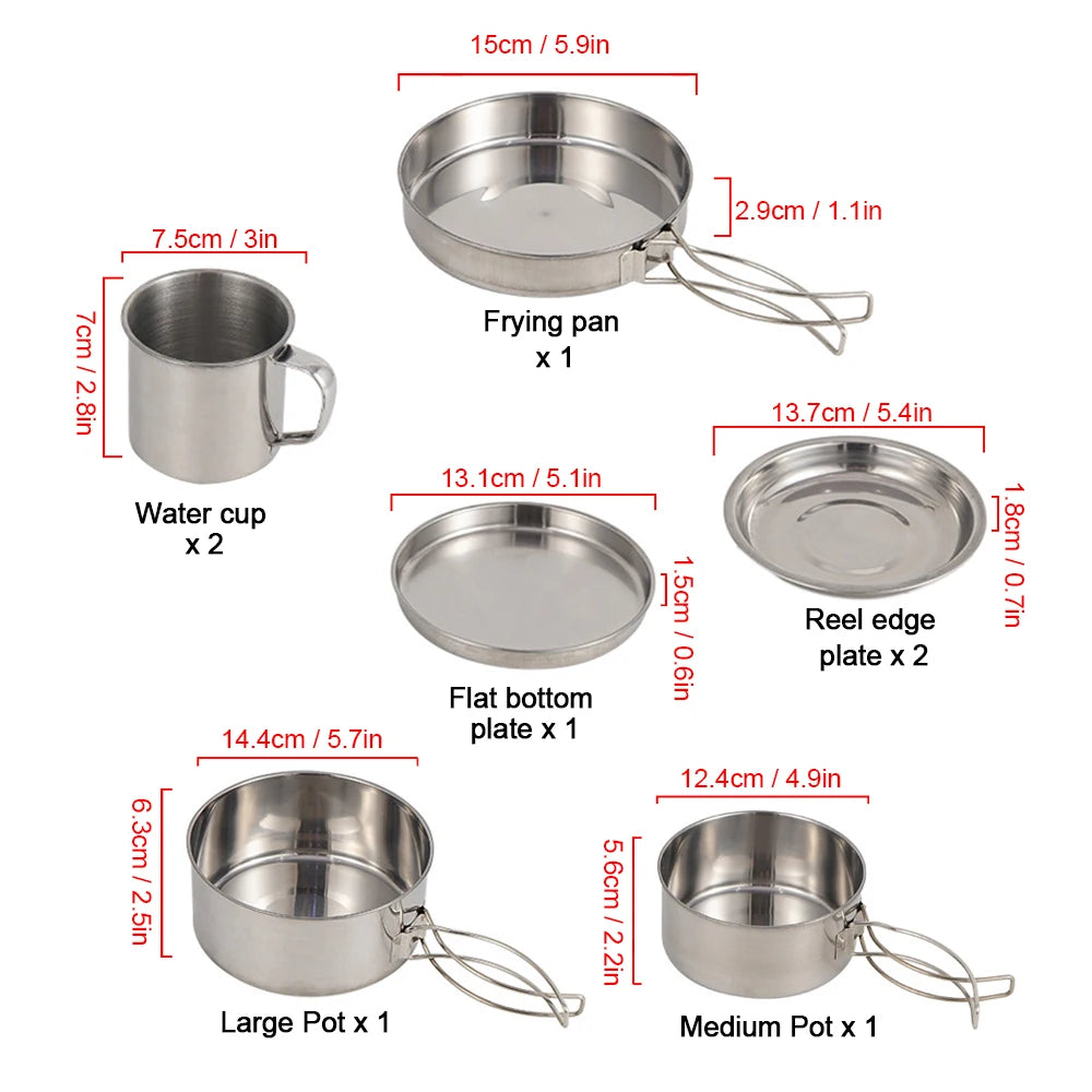 8-Piece Stainless Steel Camping Cookware Set — Compact Mess Kit for Outdoor Dining