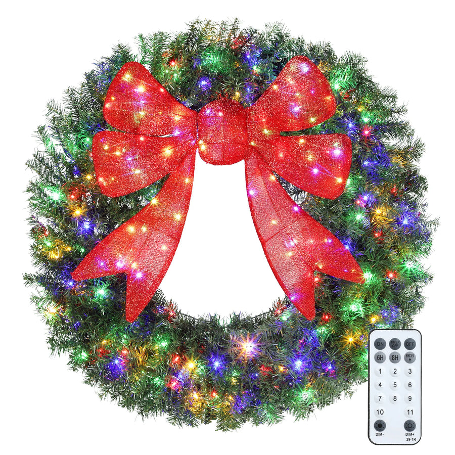 HOMCOM 48in Flocked Christmas Wreath — Pre-Lit with 3D Red Bow