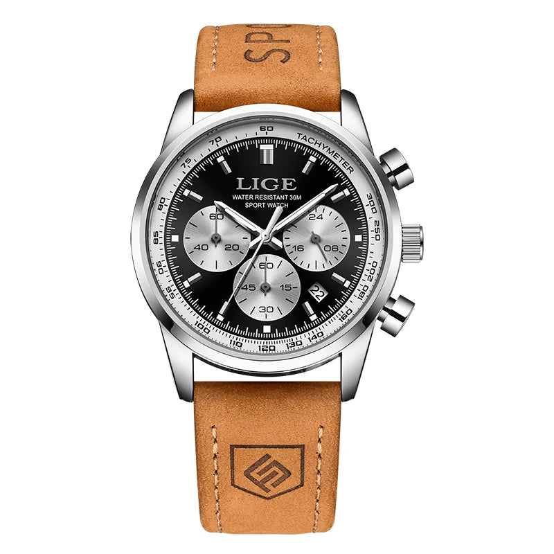 LIGE Men's Business Quartz Watch — Genuine Leather Chronograph Wristwatch