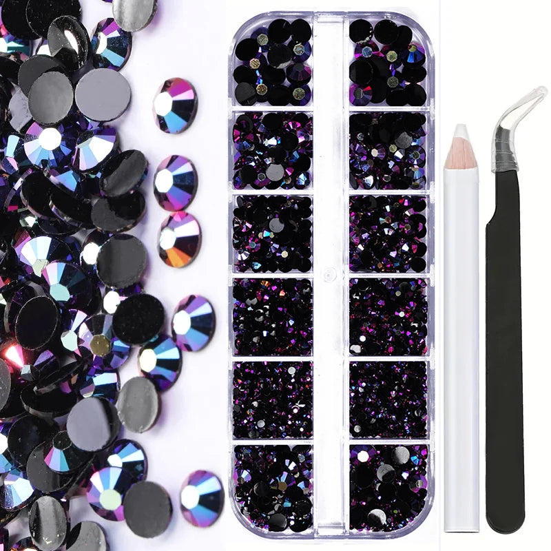 PUBRILEX Black AB Crystal Rhinestones — Multi-Size Resin Beads for Nail Art & DIY Crafts