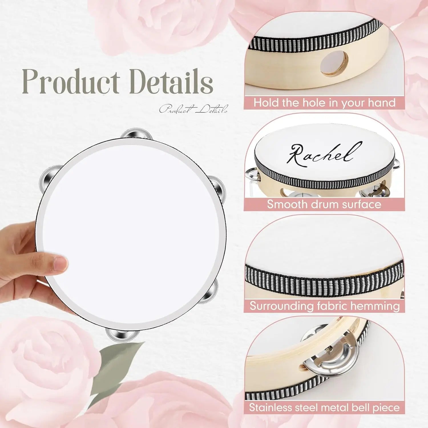 Wooden Hand Held Tambourine — Percussion Instrument with Metal Jingles