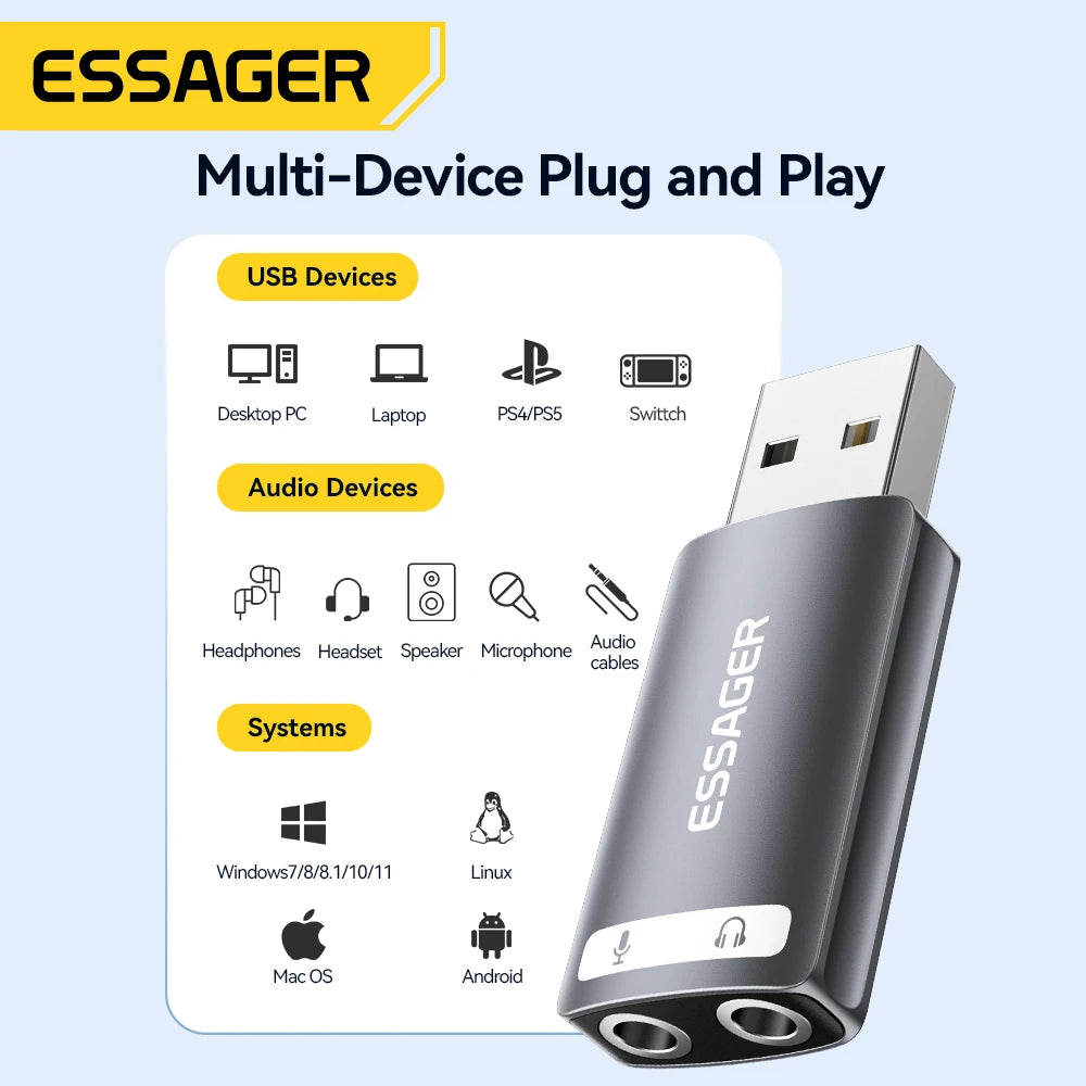 ESSAGER USB External Sound Card — Audio Adapter for Headphones and Microphones